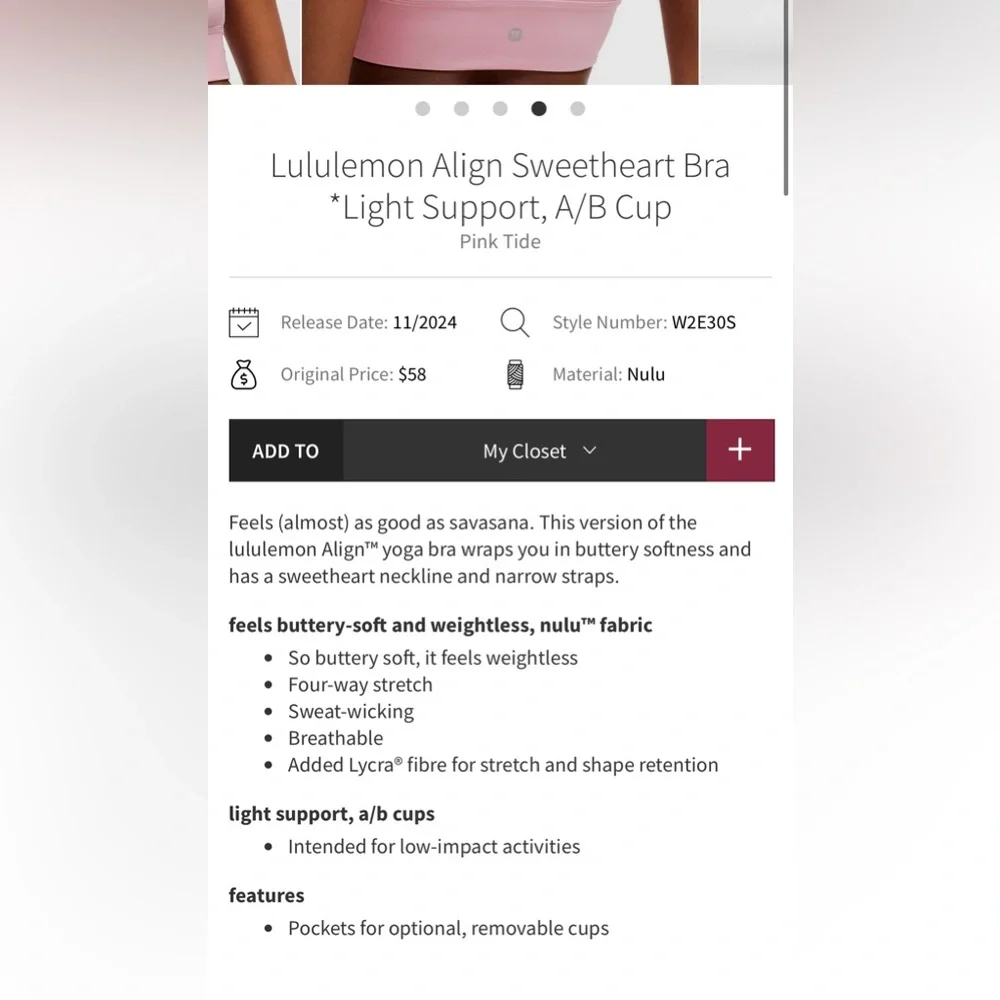 lululemon athletica Align Sweetheart Pink Sports Bra 10 A/B NWT - Picture 3 of 4